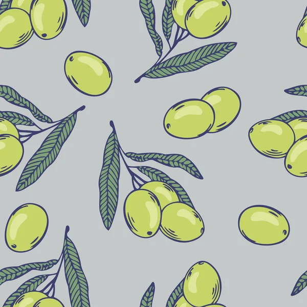 Branche di olive modello senza soluzione di continuità. Alimenti disegnati a mano — Vettoriale Stock