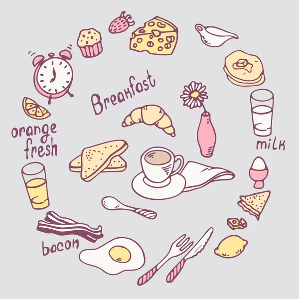 Ensemble de petit déjeuner dessiné à la main. Illustration de nourriture mignonne dans le vecteur — Image vectorielle