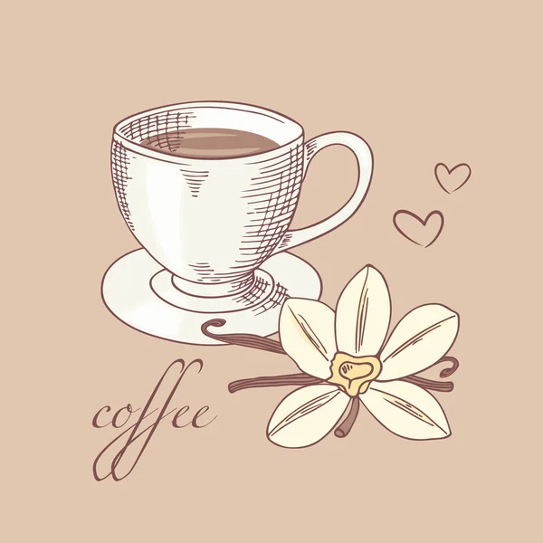 Skizzierte Cofee-Tasse mit Vanilleblume — Stockvektor