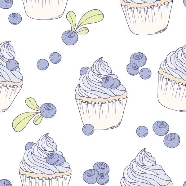 Cupcake al mirtillo disegnato a mano modello senza soluzione di continuità — Vettoriale Stock