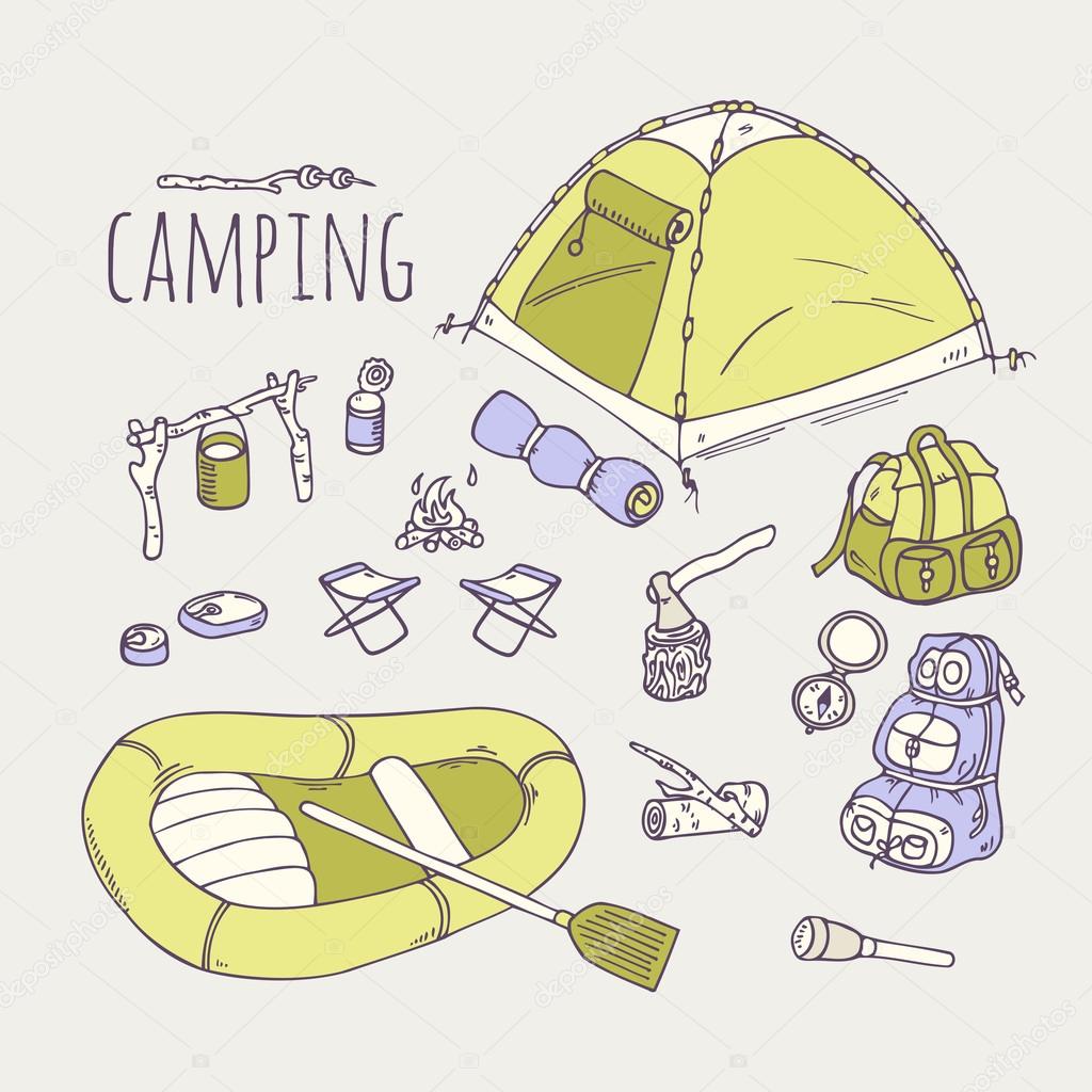 Hand drawn camping items collection