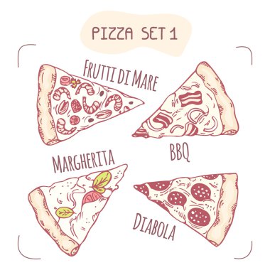 Farklı elle çizilmiş pizza dilimleri kümesi