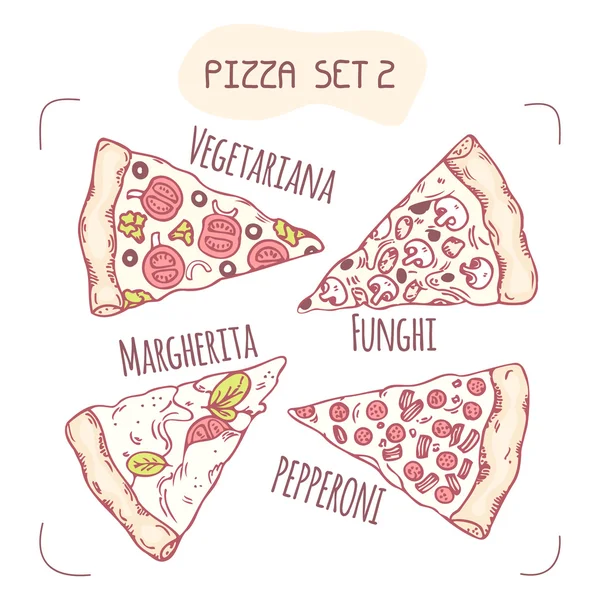 Colección de diferentes rebanadas de pizza dibujadas a mano — Vector de stock