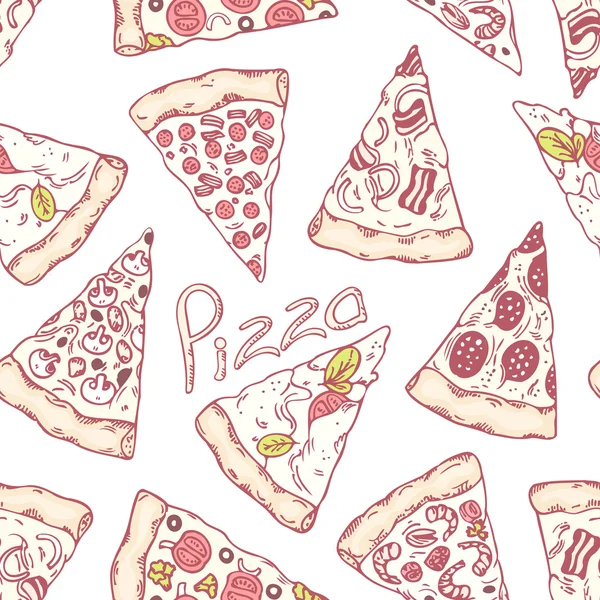 Diferentes rebanadas de pizza dibujado a mano patrón sin costuras. Fondo de la pizzería — Vector de stock