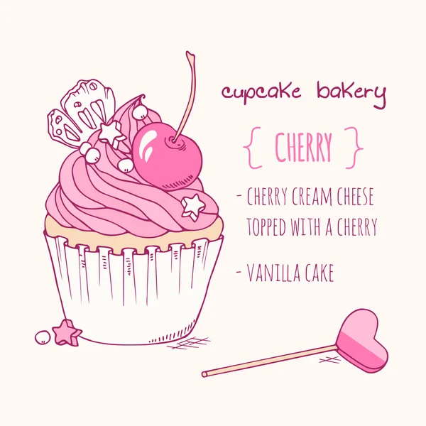 Cupcake de cereja desenhado à mão — Vetor de Stock