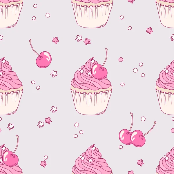 Cupcake di ciliegie disegnato a mano modello senza cuciture — Vettoriale Stock