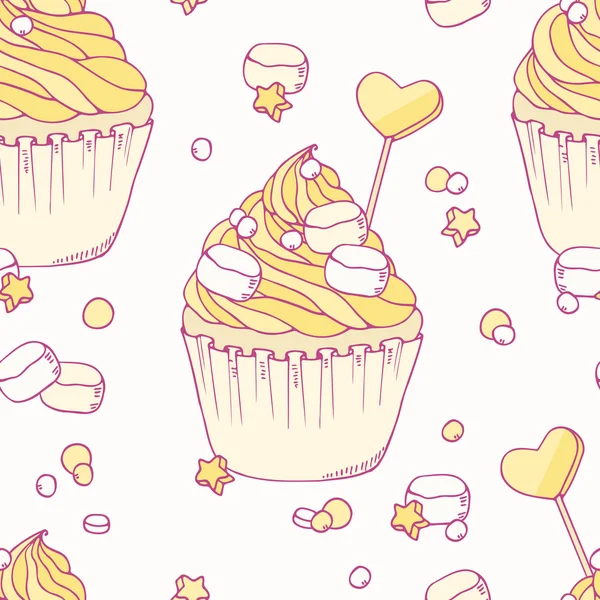 Modèle sans couture de cupcake banane dessiné à la main — Image vectorielle