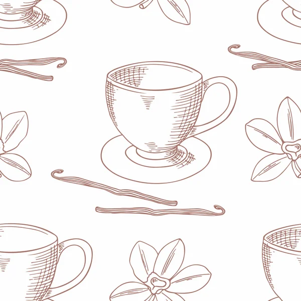 Taza de café bosquejada con el esquema de la flor de vainilla patrón sin costuras — Archivo Imágenes Vectoriales