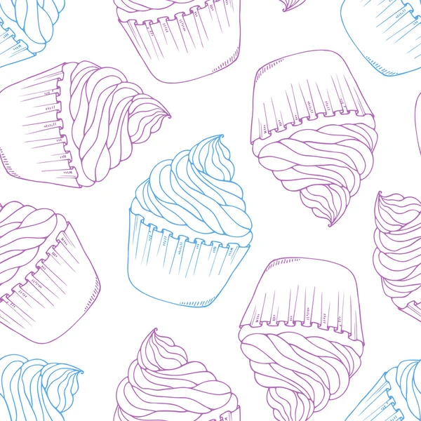 Hand dras cupcake seamless mönster. Kontur doodle dessert bakgrund — Stock vektor