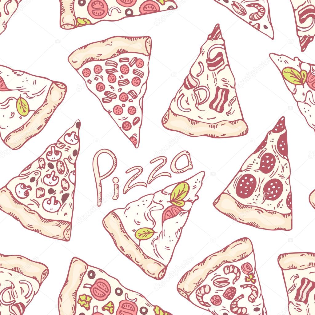 Hand drawn different pizza slices seamless pattern. Pizzeria background