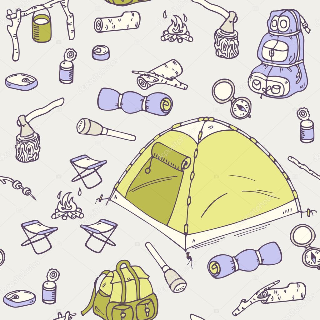 Hand drawn camping seamless pattern
