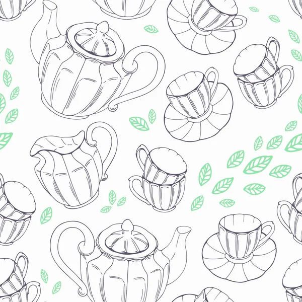 Esquema de patrón sin costura con servicio de porcelana de té dibujado a mano y hojas . — Vector de stock
