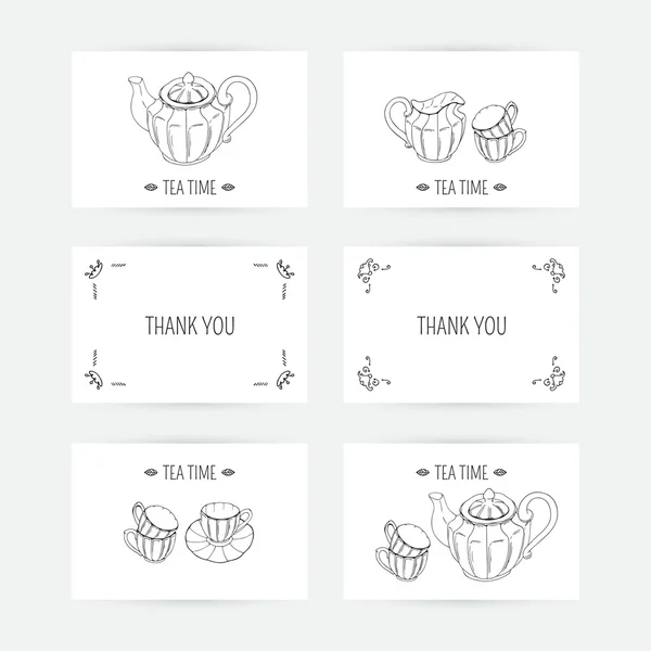 Conjunto de tarjetas de visita con iconos de servicio de té. Diseño de Doodle — Vector de stock