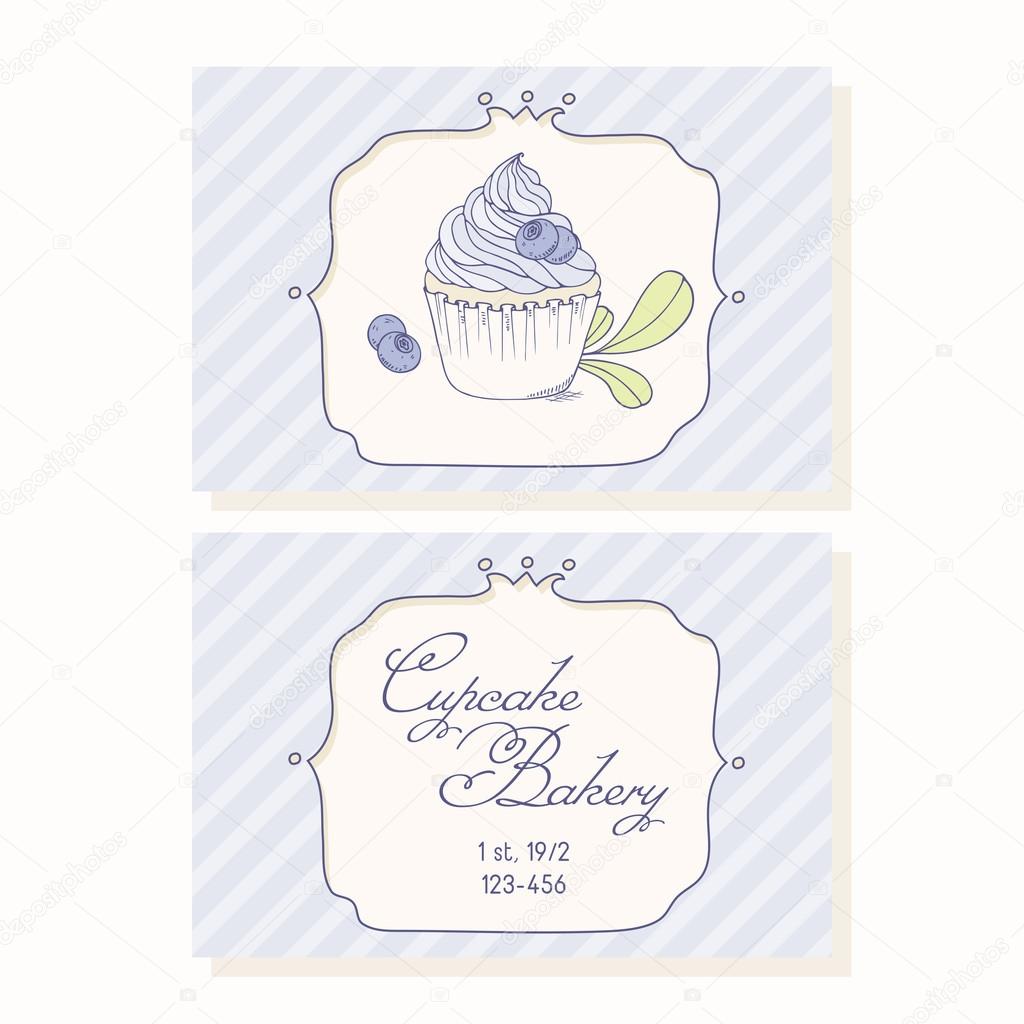 Hand drawn blueberry cupcake business cards template for pastry shop
