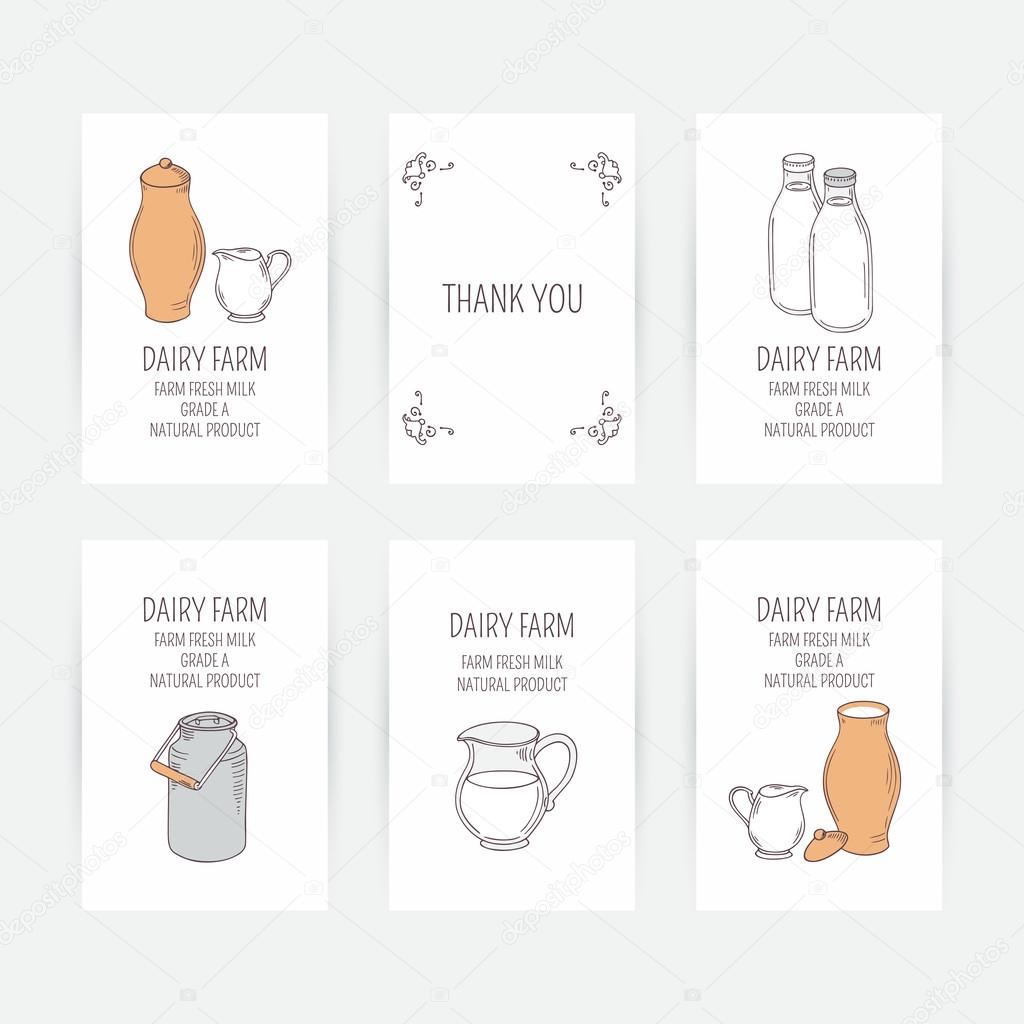 Business card set with milk icons. Hand drawn illustration