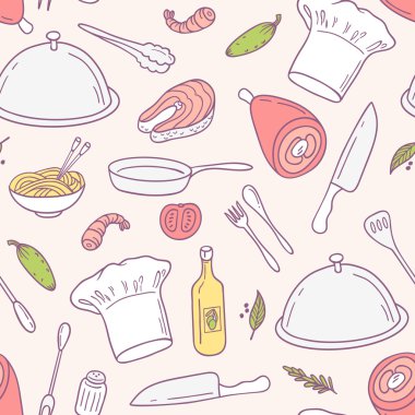 Doodle gıda Dikişsiz desen vektör. Mutfak arka plan