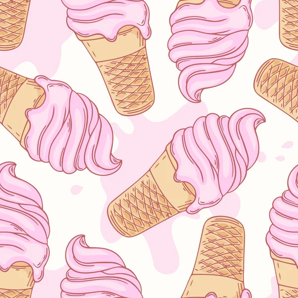 Crème glacée à la fraise dessinée à la main sundae en cône de gaufre motif sans couture — Image vectorielle