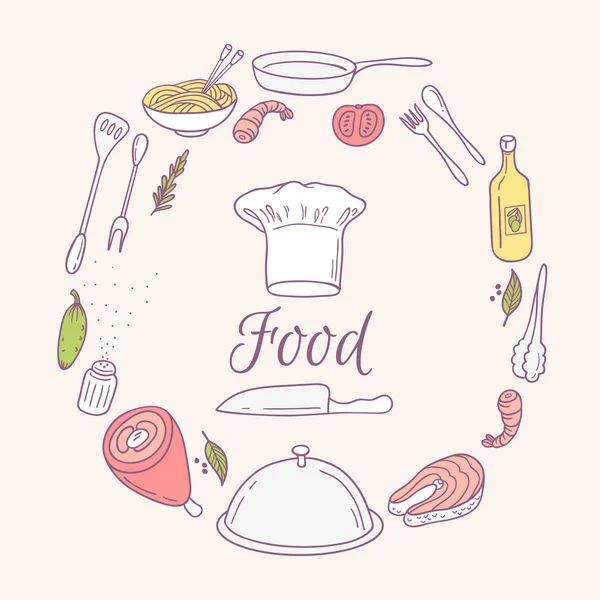 Yuvarlak kart ile doodle gıda kutsal kişilerin resmi. Menü, kafe için elle çizilmiş öğeleri. Mutfak arka plan — Stok Vektör