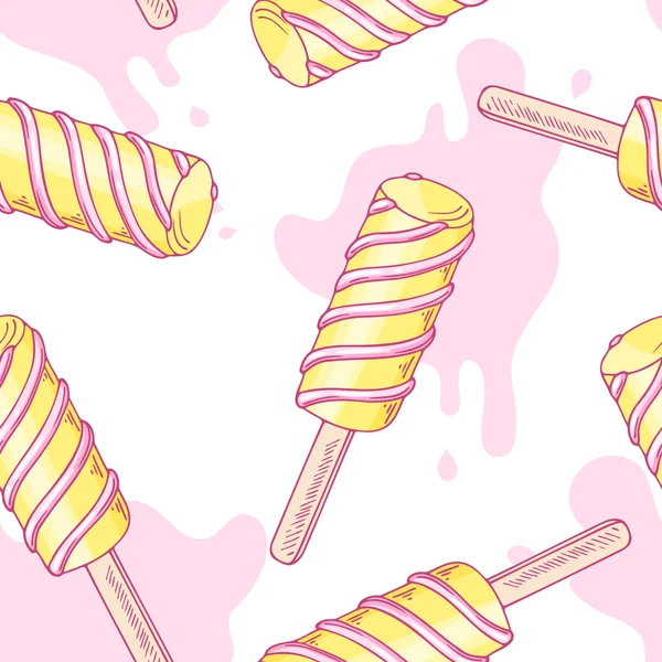 Patrón sin costuras con helado afrutado retorcido dibujado a mano y gotas dulces — Vector de stock