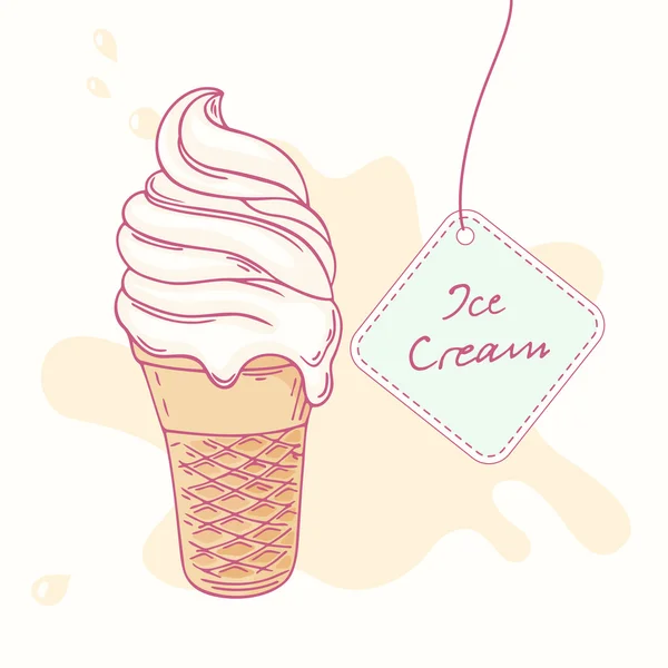 Crème glacée dessinée à la main sundae dans un cône de gaufre isolé — Image vectorielle