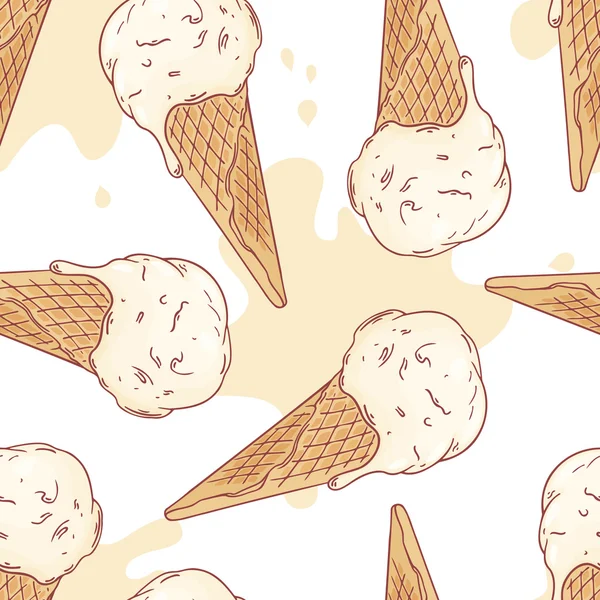 Hand drawn ice cream in a waffle cone seamless pattern. Vector illustration — Stock Vector