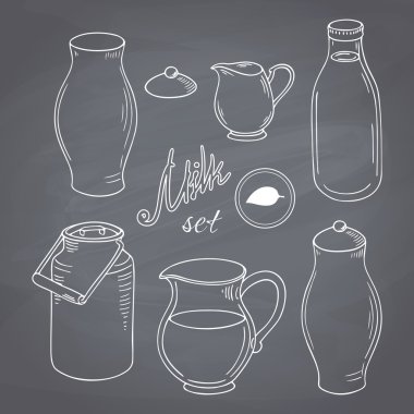 Set of hand drawn dairy farm objects. Milk goods clip art. Chalk style vector llustration