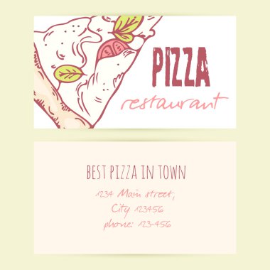 Business card templates with different doodle pizza slices. Vector illustration