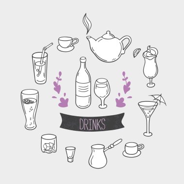 Set of hand drawn stylized drinks in vector. Background with beverages for design