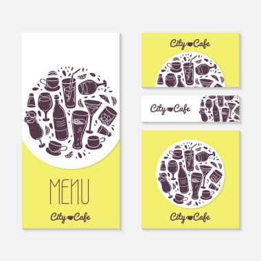 Set of identify cards templates with doodle drinks. Cafe branding.  Tamplate menu, business card, banner, flyer, poster