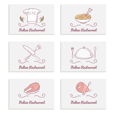 Business cards set with doodle food logos. Hand drawn labels 