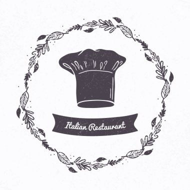 Vector illustration of hand drawn textured chef hat . Floral frame and ribbon