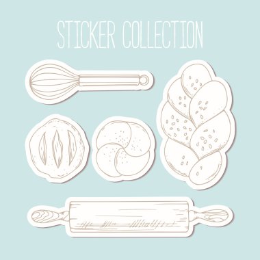 Bakery sticker collection with hand drawn food and culinary objects in vector