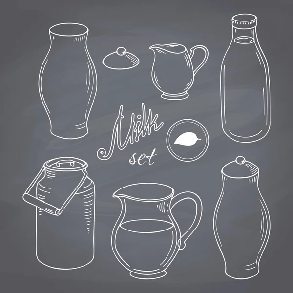 Set of hand drawn dairy farm objects. Milk goods clip art. Chalk style vector llustration