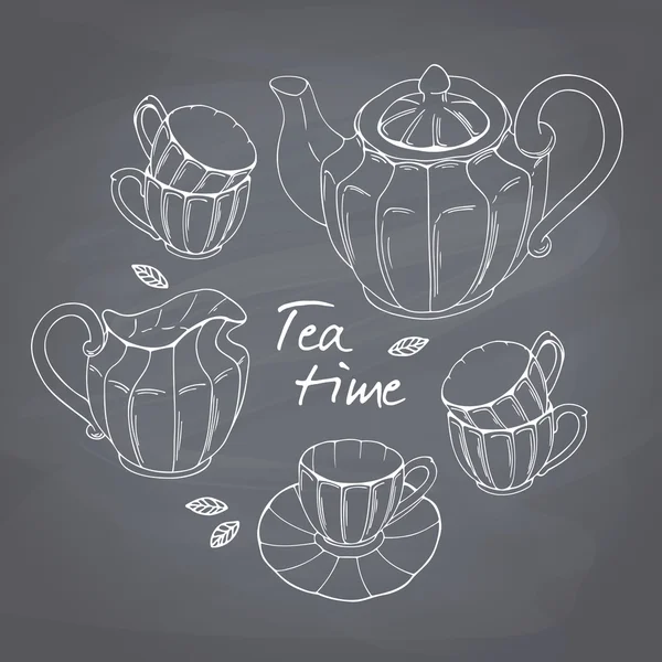 Set de service en porcelaine de thé dessiné à la main. Arrière-plan tableau — Image vectorielle