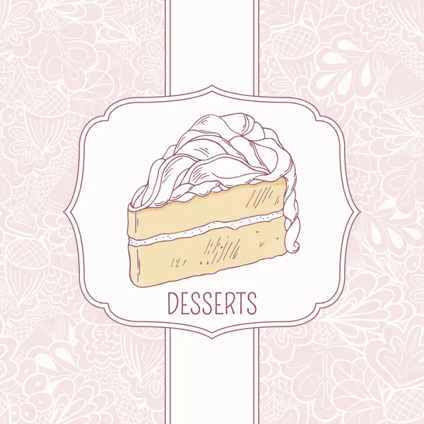 Plantilla de menú de postre con pastel dulce y patrón de garabatos — Vector de stock