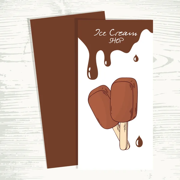 Modello di menu Cafe con gelato al cioccolato disegnato a mano e gocce — Vettoriale Stock