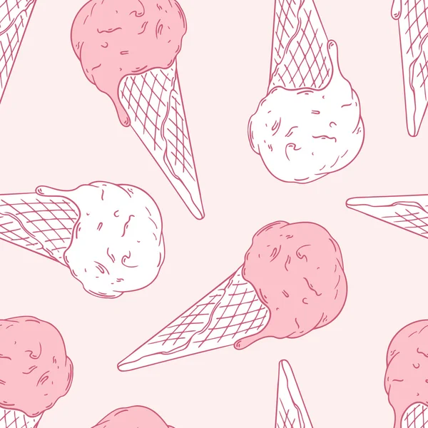 Hand drawn ice cream in a waffle cone. Outline seamless pattern. Vector illustration — Stok Vektör