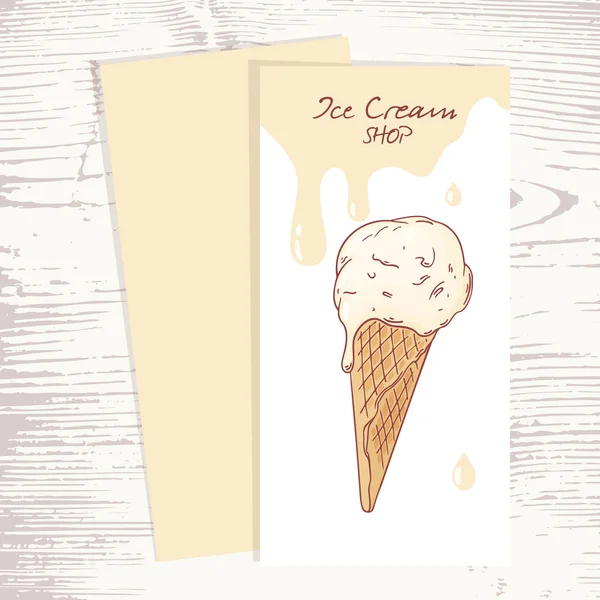 Plantilla de menú de café con helado dibujado a mano en un cono de gofre y gotas dulces — Vector de stock