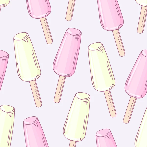 Seamless pattern with doodle fruity ice cream and drops. Colorful vector backgriund — Stok Vektör