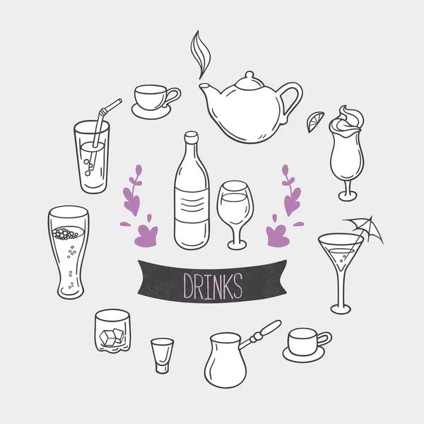 Set of hand drawn stylized drinks in vector. Background with beverages for design — Stock vektor