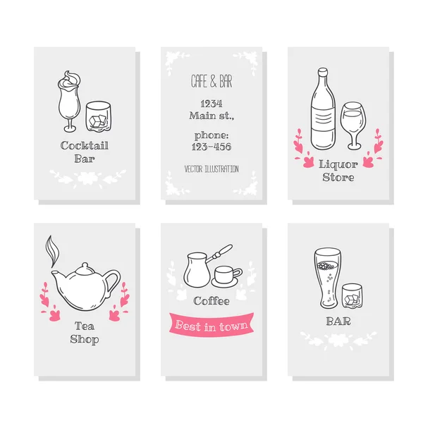 Business cards set with hand drawn stylized drinks in vector — Stock vektor