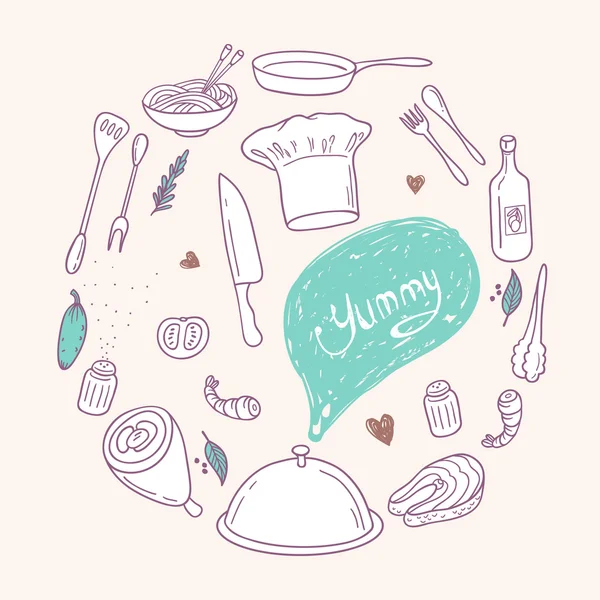 Ilustración redonda con comida estilizada, letras de mano y garabatos burbuja speach. Elementos de diseño Doodle. Fondo culinario — Archivo Imágenes Vectoriales