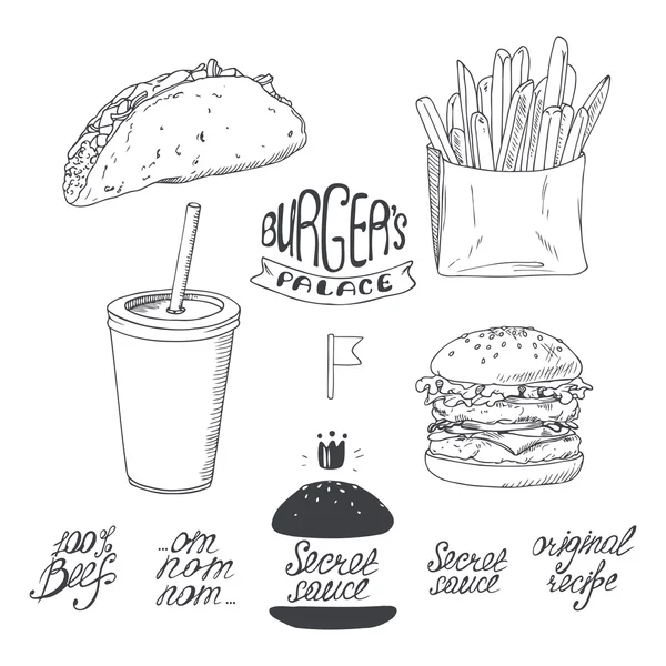 Sketched fast food set in black and white. Hand drawn illustration for design — Stok Vektör