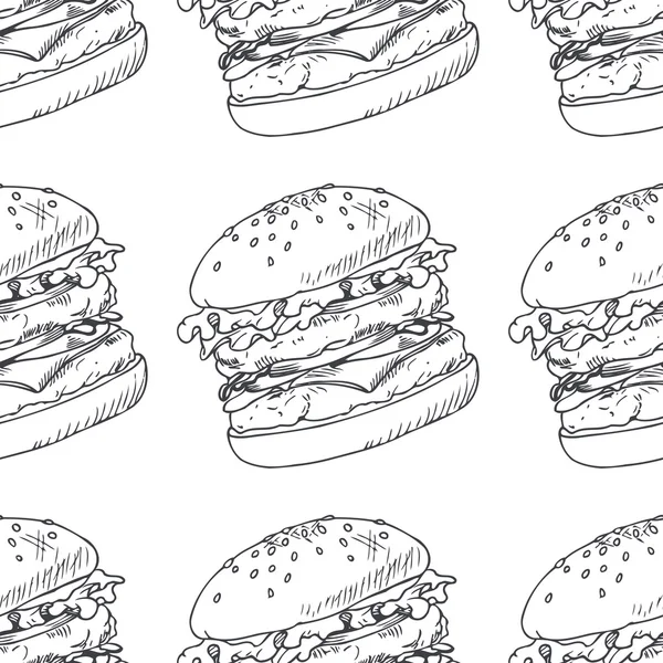 Seamless pattern with sketched burger, cheeseburger or hamburger. Wrapping paper for fast food — Stok Vektör