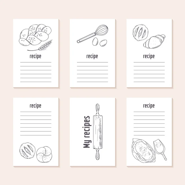 Collection de cartes de recettes avec objets de boulangerie dessinés à la main — Image vectorielle