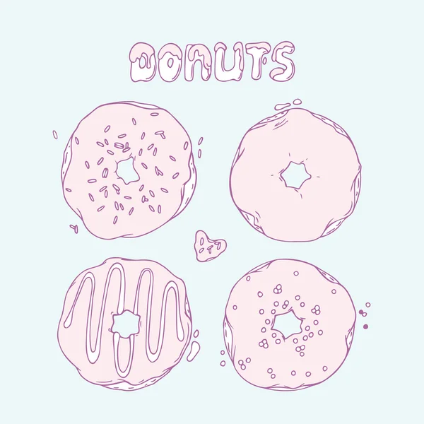 Set of Hand drawn donuts isolated in vector. Sweet lettering. Doodle dessert — Stockový vektor