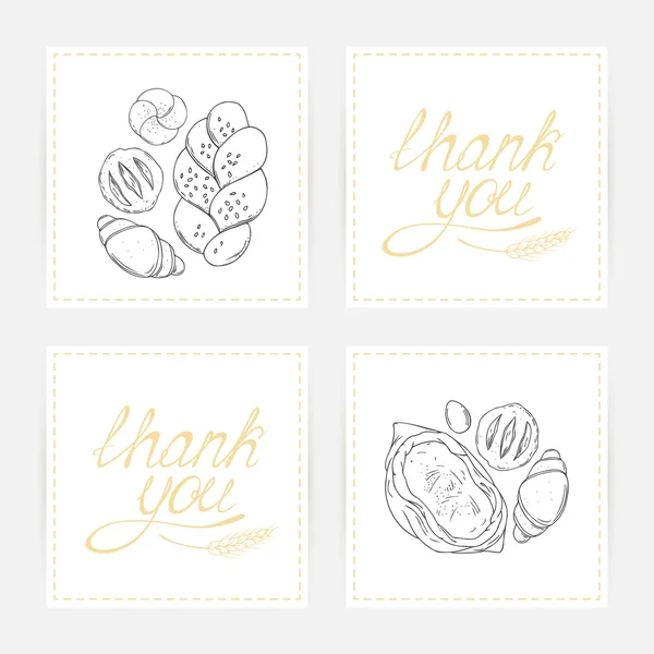 Gracias tarjetas con letras de mano y horneado dibujado. Diseño de Doodle para tienda, cafetería o panadería — Vector de stock