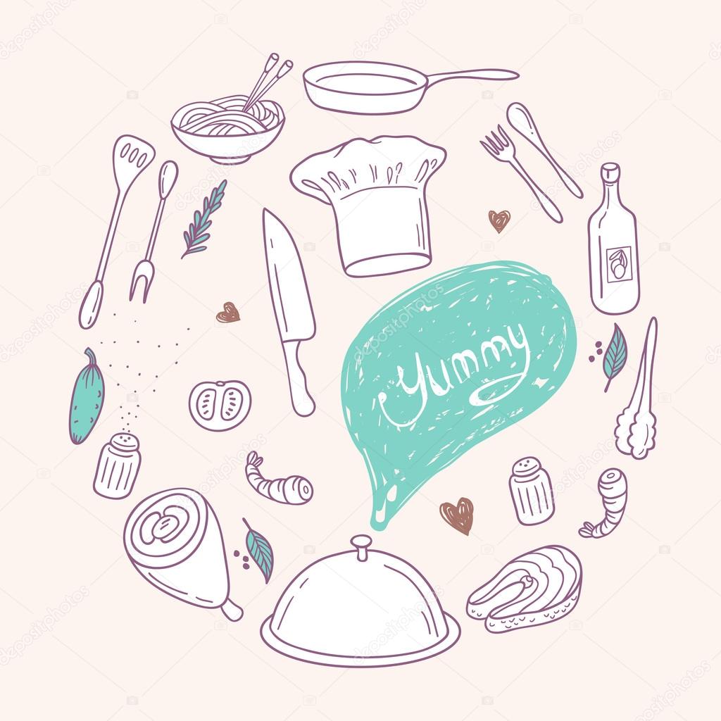 Round illustration with stylized food, hand lettering and scribble speach bubble. Doodle design elements. Culinary background