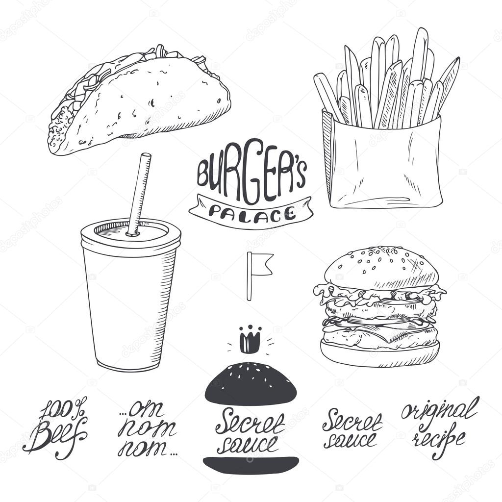 Sketched fast food set in black and white. Hand drawn vector illustration for restaurants, cafe, diner menu design
