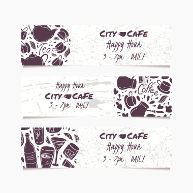 Set el ile afiş içecekler çizilmiş. Yuvarlak doodle amblemi. Menü, bar veya Cafe tasarımı için içecekler koleksiyonu